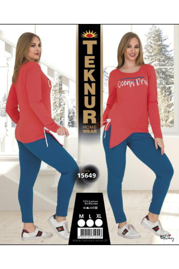 teknur 15649 uzun kollu ve taytlı, pamuk pijama takımı, teknur-15649, bayan pijama takımı, Mdl