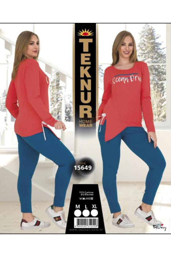 teknur 15649 uzun kollu ve taytlı, pamuk pijama takımı, teknur-15649, bayan pijama takımı