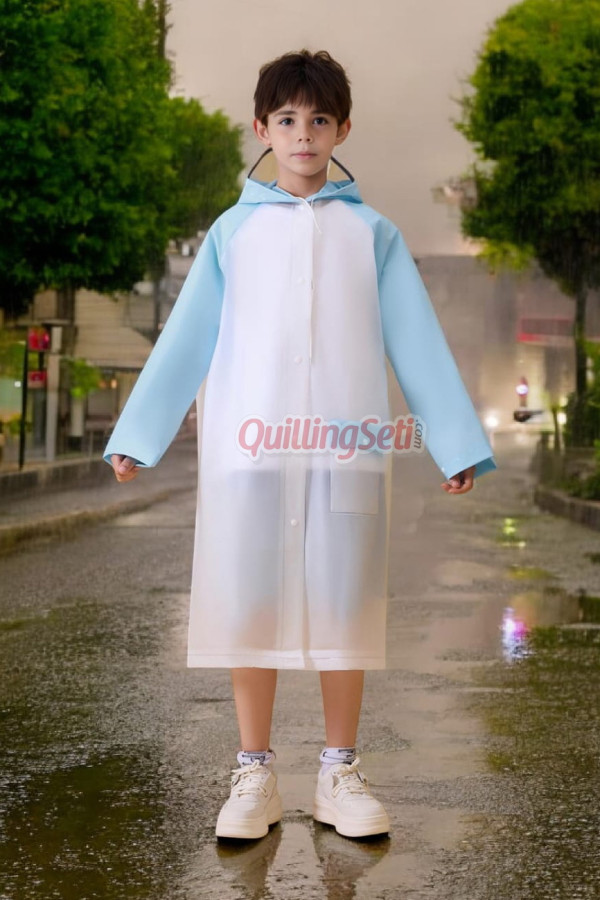 çocuk yağmurluğu, sticker çıkartma yapıştırmalı, sırt çanta korumalı açık mavi renk, eva, cepli özel çantalı, 8509990003661, yağmurluk, Quilling Seti