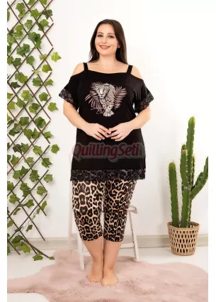 Siyah Renk ve Leopar Desenli Lady 10692 Kadın Büyük Beden Kapri Pijama Takımı
