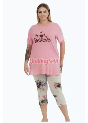 Pembe Renk ve Çiçek Desenli Lady 10724  Kadın Büyük Beden Kapri Pijama Takımı