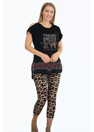 Siyah Renk ve Leopar Desenli Pamuklu Kadınların Tercihi Lady 12050 Kapri ve Taytlı Lady Pijama Takımı