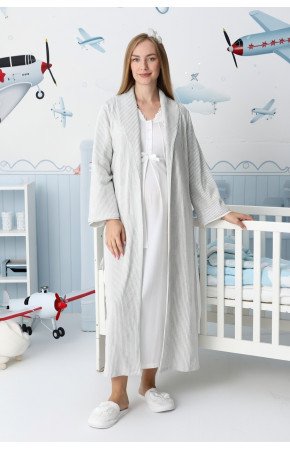 Ekru Renkli, Dantel Detaylı, Uzun Kollu Lüks Erdeniz 2305 Jakarlı Sabahlıklı Lohusa - Hamile Pijama Takımı