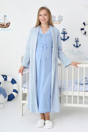 Mavi Renkli, Dantel Detaylı, Uzun Kollu Lüks Erdeniz 2305 Jakarlı Sabahlıklı Lohusa -Hamile Pijama Takımı