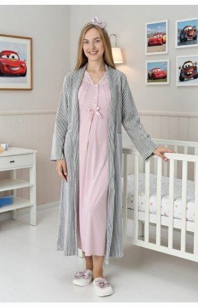 Pudra Renkli, Dantel Detaylı, Uzun Kollu Lüks Erdeniz 2305 Jakarlı Sabahlıklı Lohusa - Hamile Pijama Takımı