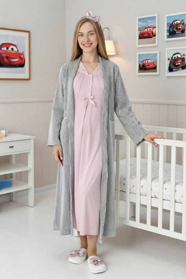 Pudra Renkli, Dantel Detaylı, Uzun Kollu Lüks Erdeniz 2305 Jakarlı Sabahlıklı Lohusa -Hamile Pijama Takımı | QuillingSeti.com