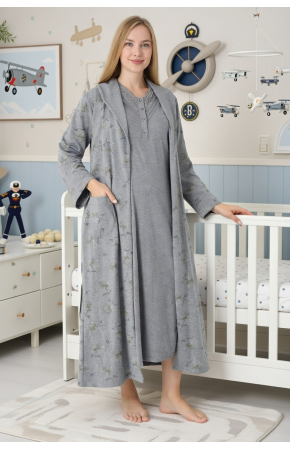 Antrasit Renkli, Dantel Detaylı, Uzun Kol Erdeniz 2310 Sabahlıklı Lohusa Hamile Gecelik Takım
