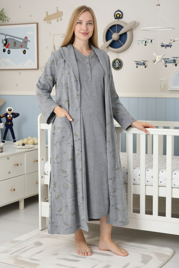 Antrasit Renkli Dantel Detaylı Uzun kollu  2310 Lohusa/Hamile Gecelik Takım - Kolay Emzirme | QuillingSeti.com