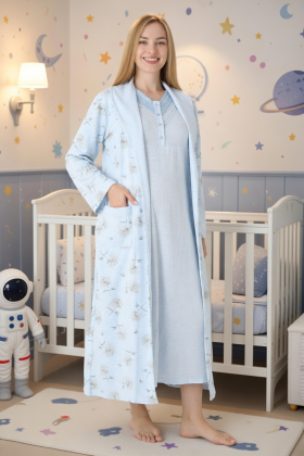 Mavi Renkli, Dantel Detaylı, Uzun Kol Erdeniz 2310 Sabahlıklı Lohusa Hamile Gecelik Takım