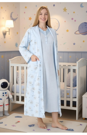 Mavi Renkli, Dantel Detaylı, Uzun Kol Erdeniz 2310 Sabahlıklı Lohusa Hamile Gecelik Takım