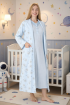 Mavi Renkli, Dantel Detaylı, Uzun Kol Erdeniz 2310 Sabahlıklı Lohusa Hamile Gecelik Takım