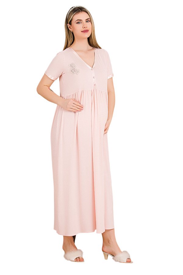 pembe renkli, dantel detaylı, kısa kol ve derin patlı, 33400 lohusa hamile gecelik, 8509990036348, lohusa gecelik takım, Lady