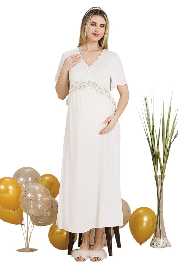 Ekru Renkli Dantel Detaylı 33401 Lohusa/Hamile Gecelik - Kolay Emzirme | QuillingSeti.com