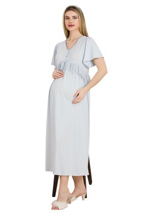 Mavi Renkli, Dantel Detaylı, Kısa Kol ve Derin Patlı, 33401 Lohusa Hamile Gecelik