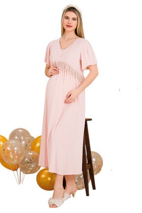 Pembe Renkli, Dantel Detaylı, Kısa Kol ve Derin Patlı, 33401 Lohusa Hamile Gecelik