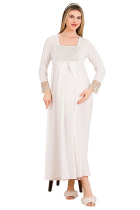 Ekru Renkli, Dantel Detaylı, Uzun Kol ve Derin Patlı, 33402 Lohusa Hamile Gecelik