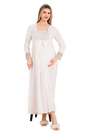 Ekru Renkli, Dantel Detaylı, Uzun Kol ve Derin Patlı, 33402 Lohusa Hamile Gecelik