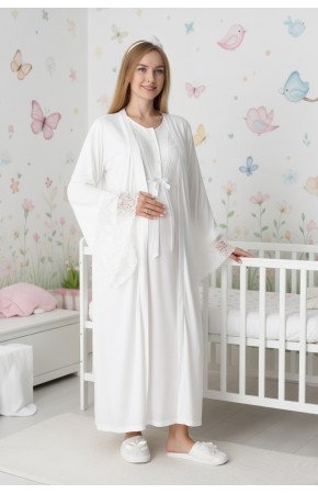 Ekru Dantel Detaylı Viskon Uzun Kol Sabahlıklı Lohusa Gecelik Takımı - Erdeniz 2303