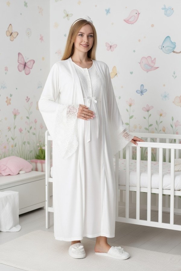 Ekru dantel detaylı viskon lohusa gecelik ve uzun sabahlık takımı Erdeniz 2303 - QuillingSeti.com