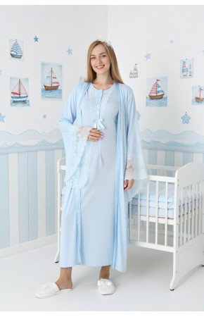 Mavi Dantel Detaylı Viskon Uzun Kol Sabahlıklı Lohusa Gecelik Takımı - Erdeniz 2303