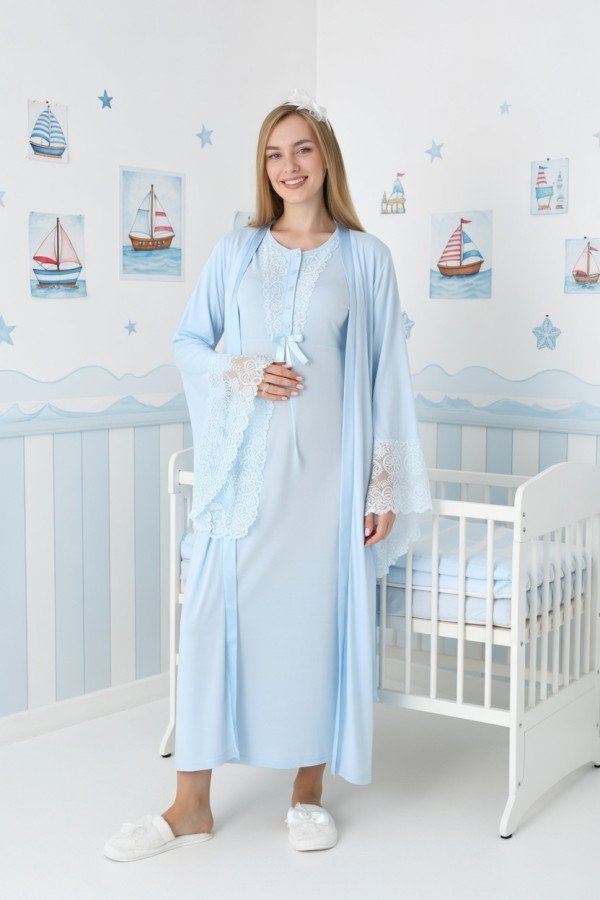 Mavi dantel detaylı viskon lohusa gecelik ve uzun sabahlık takımı Erdeniz 2303 - QuillingSeti.com