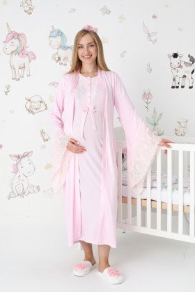 Pembe Dantel Detaylı Viskon Uzun Kol Sabahlıklı Lohusa Gecelik Takımı - Erdeniz 2303