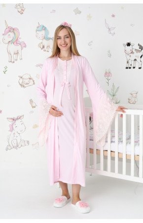Pembe Dantel Detaylı Viskon Uzun Kol Sabahlıklı Lohusa Gecelik Takımı - Erdeniz 2303