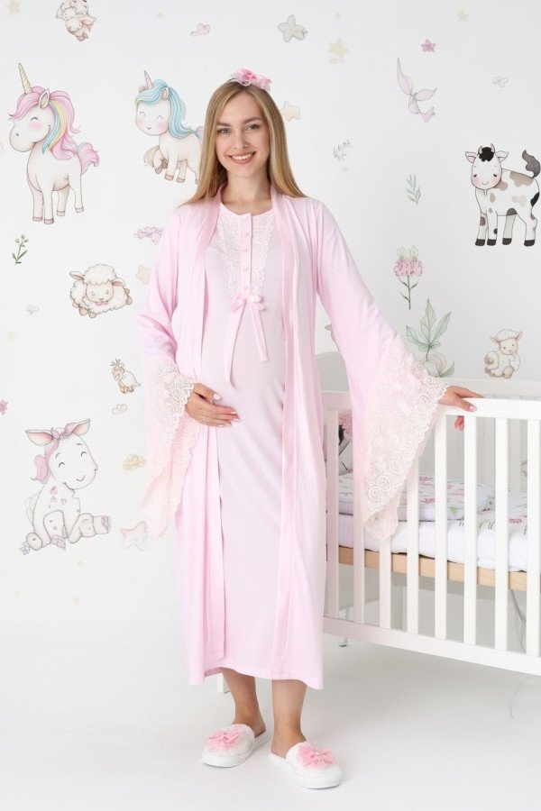 Pembe dantel detaylı viskon lohusa gecelik ve uzun sabahlık takımı Erdeniz 2303 - QuillingSeti.com