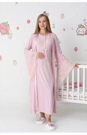 Pudra Dantel Detaylı Viskon Uzun Kol Sabahlıklı Lohusa Gecelik Takımı - Erdeniz 2303