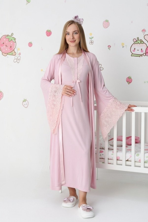 Pudra dantel detaylı viskon lohusa gecelik ve uzun sabahlık takımı Erdeniz 2303 - QuillingSeti.com