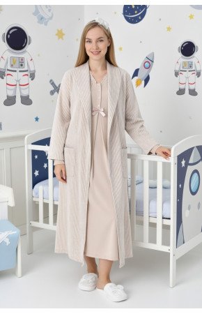 Bej Renkli, Dantel Detaylı, Uzun Kollu Lüks Erdeniz 2305 Jakarlı Sabahlıklı Lohusa -Hamile Pijama Takımı