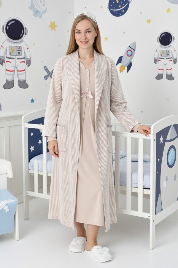 Bej Renkli, Dantel Detaylı, Uzun Kollu Lüks Erdeniz 2305 Jakarlı Sabahlıklı Lohusa -Hamile Pijama Takımı | QuillingSeti.com