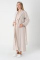 Bej Renkli, Dantel Detaylı, Uzun Kollu Lüks Erdeniz 2305 Jakarlı Sabahlıklı Lohusa -Hamile Pijama Takımı | QuillingSeti.com