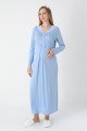 Mavi Renkli, Dantel Detaylı, Uzun Kollu Lüks Erdeniz 2305 Jakarlı Sabahlıklı Lohusa -Hamile Pijama Takımı | QuillingSeti.com