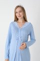 Mavi Renkli, Dantel Detaylı, Uzun Kollu Lüks Erdeniz 2305 Jakarlı Sabahlıklı Lohusa -Hamile Pijama Takımı | QuillingSeti.com