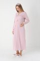 Pudra Renkli, Dantel Detaylı, Uzun Kollu Lüks Erdeniz 2305 Jakarlı Sabahlıklı Lohusa -Hamile Pijama Takımı | QuillingSeti.com