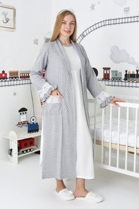 Gri Renkli, Paunatiyeli, Dantel Detaylı, Uzun Kol Erdeniz 2308 Sabahlıklı Lohusa Hamile Gecelik Takım