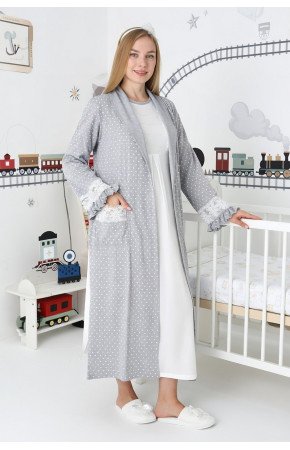 Gri Renkli, Paunatiyeli, Dantel Detaylı, Uzun Kol Erdeniz 2308 Sabahlıklı Lohusa Hamile Gecelik Takım