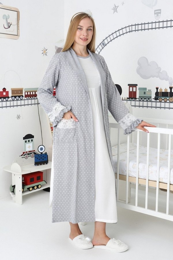 Gri Renkli, Paunatiyeli, Dantel Detaylı, Uzun Kol Erdeniz 2308 Sabahlıklı Lohusa Hamile Gecelik Takım - Kolay Emzirme | QuillingSeti.com