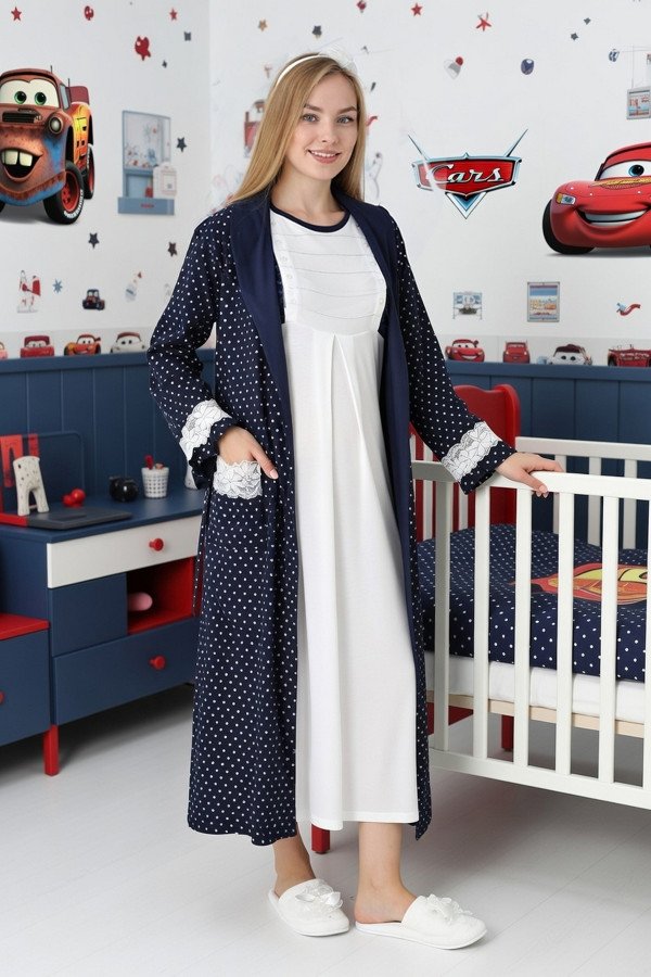 Lacivert Renkli, Paunatiyeli, Dantel Detaylı, Uzun Kol Erdeniz 2308 Sabahlıklı Lohusa Hamile Gecelik Takım - Kolay Emzirme | QuillingSeti.com
