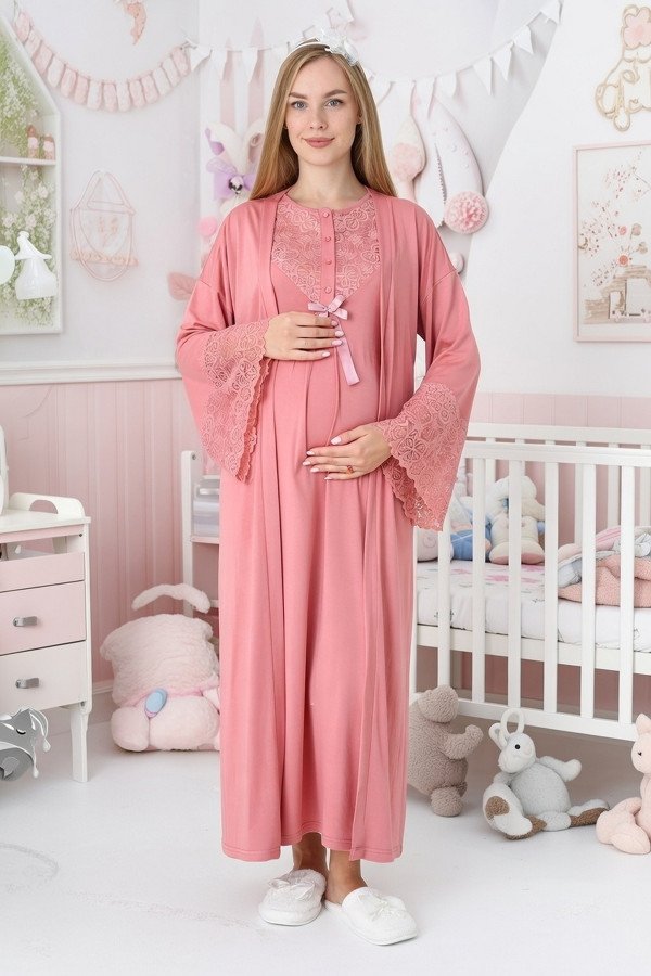 Narçiçeği Renkli, Dantel Detaylı, Uzun Kollu Lüks Erdeniz 2309 Viskon Sabahlıklı Lohusa -Hamile Pijama Takımı | QuillingSeti.com