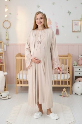 Vizon Renkli, Dantel Detaylı, Uzun Kollu Lüks Erdeniz 2309 Viskon Sabahlıklı Lohusa -Hamile Pijama Takımı