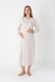 Bej Renkli Dantel Detaylı Uzun kollu  2310 Lohusa/Hamile Gecelik Takım - Kolay Emzirme | QuillingSeti.com