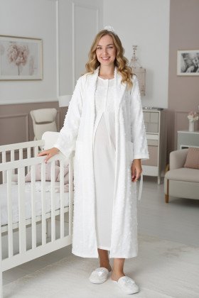 Ekru Dantel Detaylı Uzun Kol Kapitone Sabahlıklı Lohusa Gecelik Takımı - Erdeniz 2312