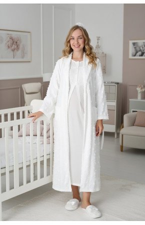 Ekru Dantel Detaylı Uzun Kol Kapitone Sabahlıklı Lohusa Gecelik Takımı - Erdeniz 2312