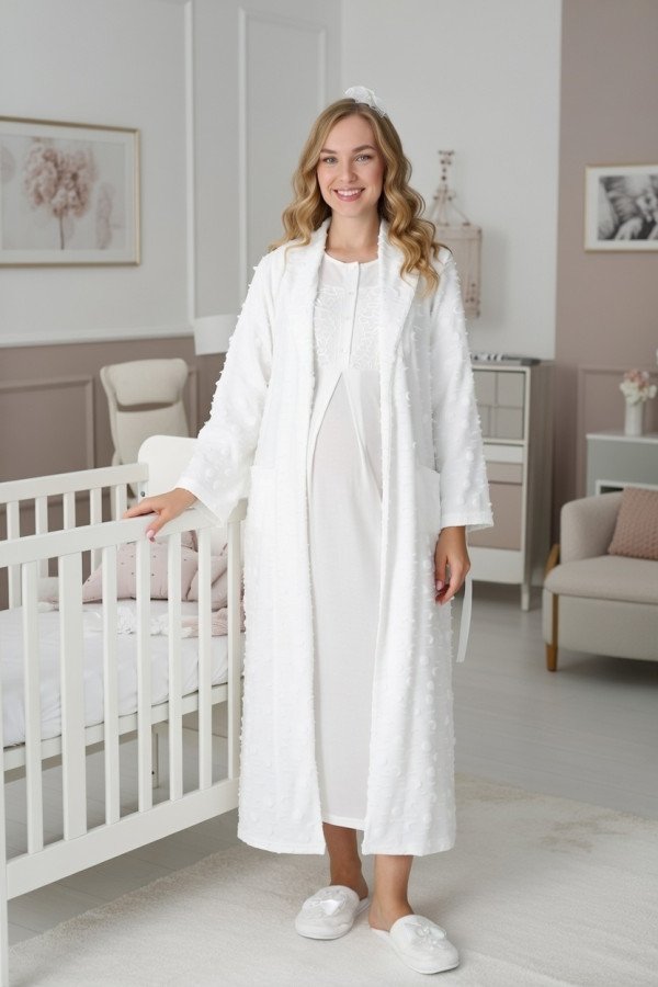 Ekru dantel detaylı viskon lohusa gecelik ve uzun sabahlık takımı Erdeniz 2312 - QuillingSeti.com