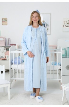 Mavi Dantel Detaylı Uzun Kol Kapitone Sabahlıklı Lohusa Gecelik Takımı - Erdeniz 2312