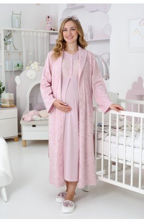 Pudra Dantel Detaylı Uzun Kol Kapitone Sabahlıklı Lohusa Gecelik Takımı - Erdeniz 2312