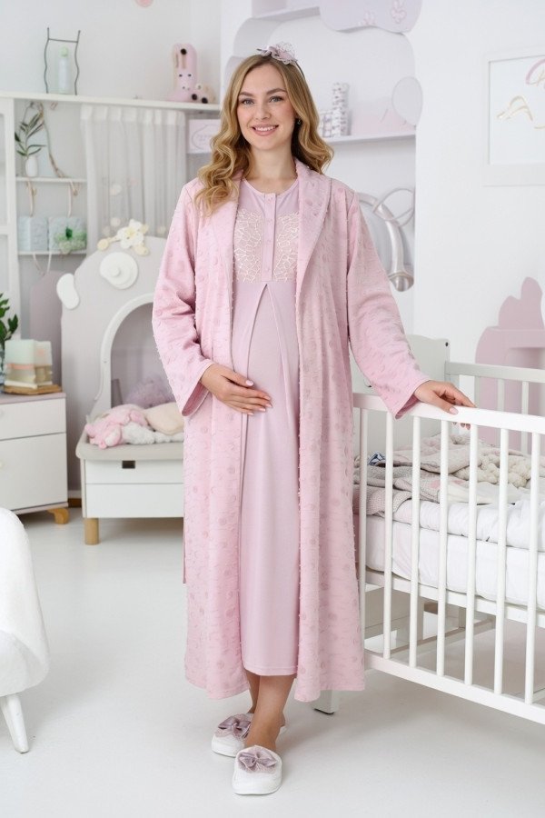 Pudra dantel detaylı viskon lohusa gecelik ve uzun sabahlık takımı Erdeniz 2312 - Lohusa-Sepeti.com