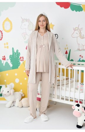 Bej Renkli Dantel Detaylı, Erdeniz 3442 Desenli Jakarlı Sabahlıklı 3lü Lohusa Hamile Pijama Takımı